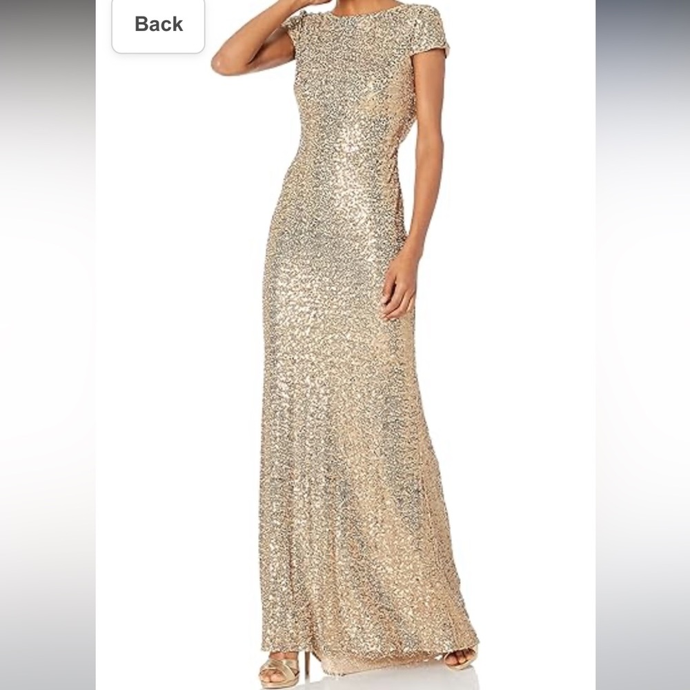 Badgley Mischka Gold Sequined Cowl-Back Dress Size 8